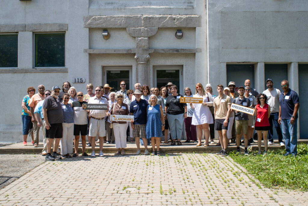 Group photo from the 2025 Columbus Landmarks Most Endangered Sites Bus Tour